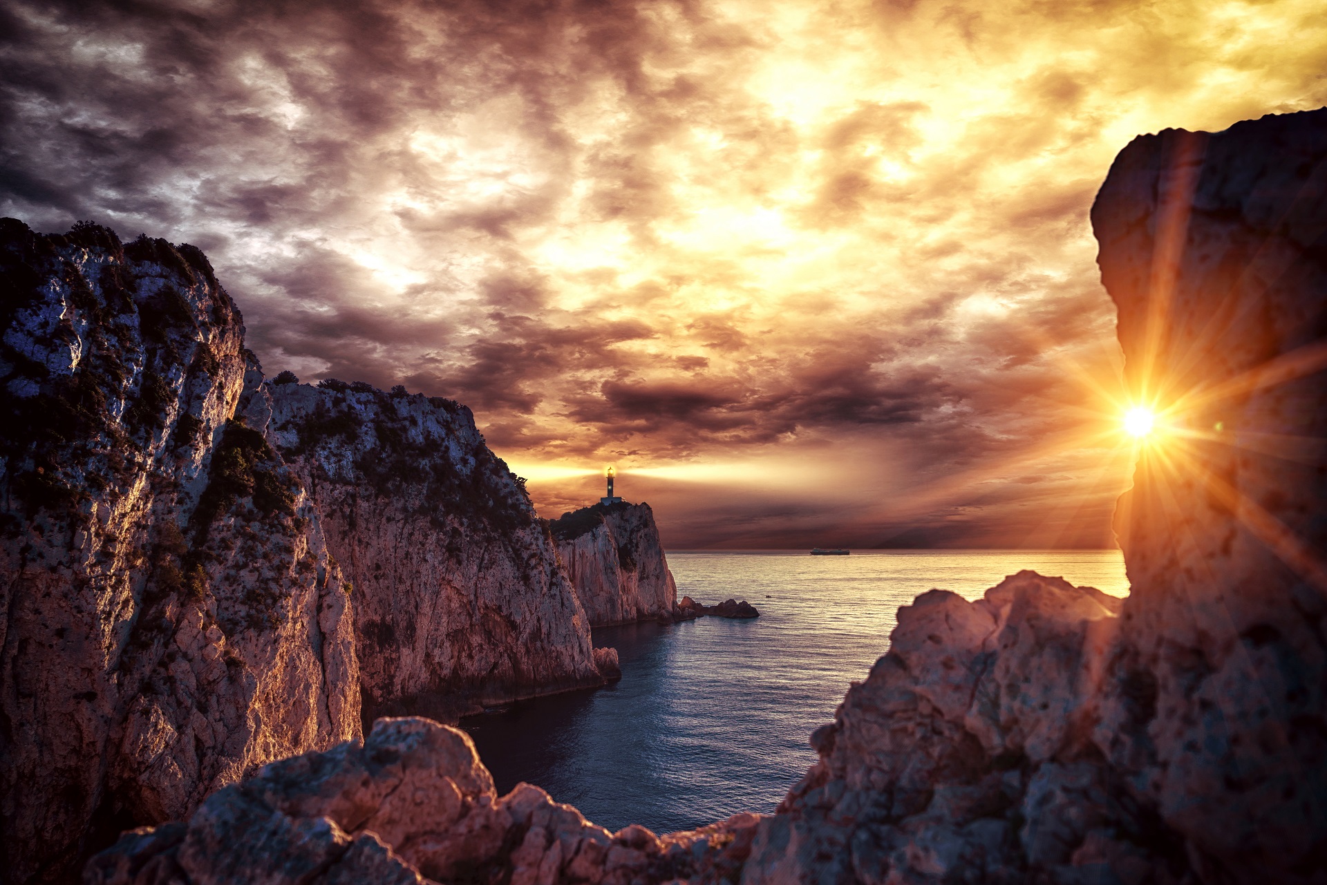 Lighthouse at sunset in Lefkada